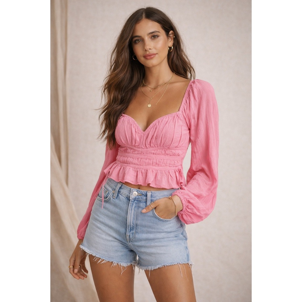 Free People Chloe‎ Cropped Pink Smocked Ruffle Top Long Sleeve Sweetheart Medium